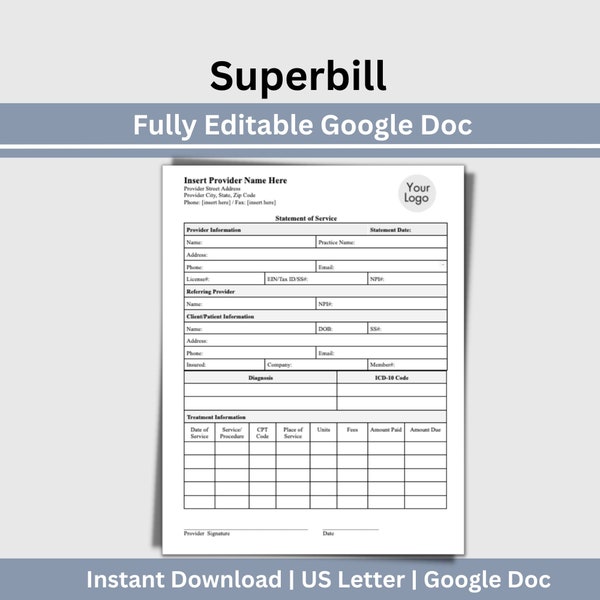 Superbill Template for Mental Health Clinicians, Client Billing, Editable Google Doc Template, Invoice Template, Therapist Office