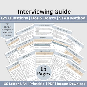 Puede incluir: Una "Guía de entrevistas" con el texto "125 Preguntas | Qué hacer y qué no hacer | Método STAR" se muestra. La guía es para gerentes de contratación y dueños de negocios. Incluye 15 páginas y está disponible en formatos US Letter y A4.
