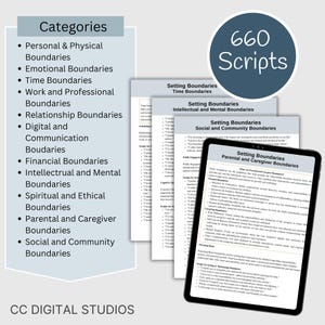 May include: A digital download of 660 scripts for setting boundaries in different areas of life, including personal, emotional, time, work, relationship, digital, financial, intellectual, spiritual, parental, and social. The scripts are organized into categories on separate pages.