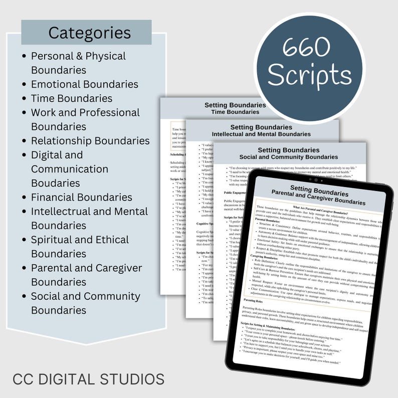 May include: A digital download of 660 scripts for setting boundaries in different areas of life, including personal, emotional, time, work, relationship, digital, financial, intellectual, spiritual, parental, and social. The scripts are organized into categories on separate pages.