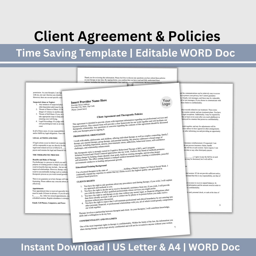 Client Rights Therapy Client Agreement & Therapeutic Policies Template: Editable Word Doc - Etsy