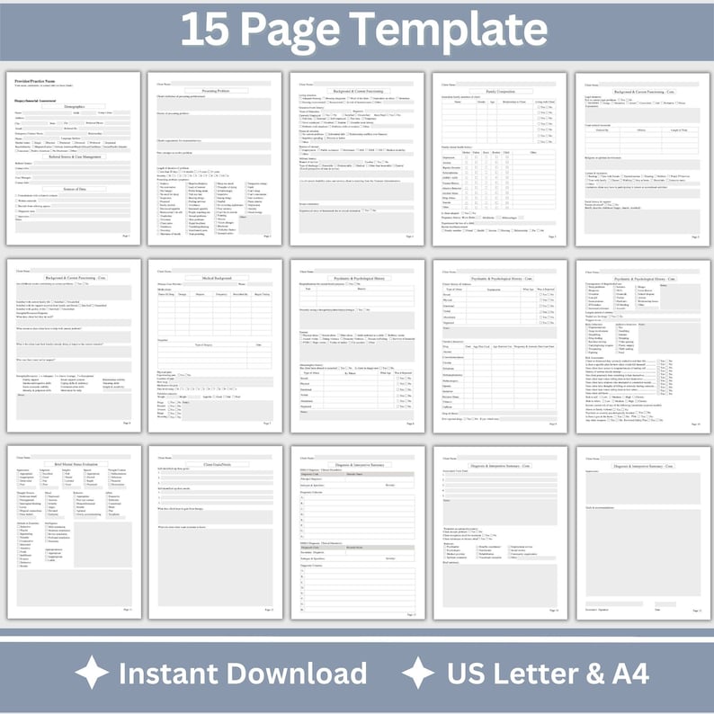 15-page comprehensive biopsychosocial fillable PDF template! Perfect for therapists, school psychologists, and professionals in psychology fields. Streamlining your therapist office, therapy  notes, psychology, therapy tool, therapy resource