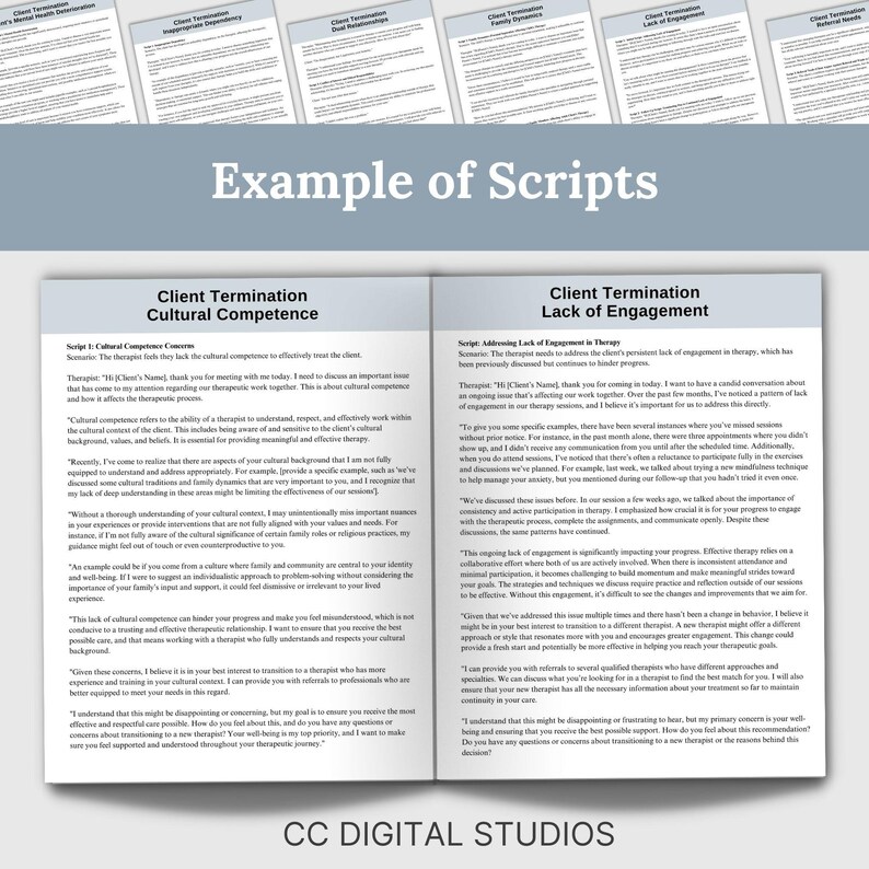 Therapy Scripts for Client Termination, 73 Therapy Cheat Sheets, Therapist Planner for Private Practice, Therapy Tools, Psychology Resource. includes 73 therapy scripts, 50 tips, and spans 60 pages