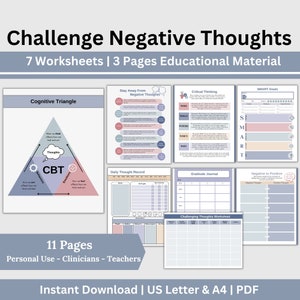 CBT Therapy Worksheets Challenge Negative Thoughts, Cognitive Distortions Thought Journal, Mental Health Workbook, CBT, DBT Therapy Resource