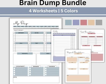 May include: A collection of printable worksheets labelled "Brain Dump Bundle" and "4 Worksheets | 5 Colors". The templates include "My Day", "To Do", "Task Breakdown", and "Project Breakdown". The text "Instant Download | US Letter & A4 | PDF" is also visible.