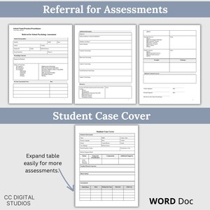 Close-up of editable Word document school counseling bundle showing detailed fields for documenting student needs, progress, referrals, interview responses and case summaries for educational professionals