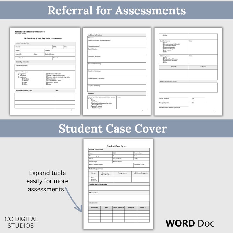 Close-up of editable Word document school counseling bundle showing detailed fields for documenting student needs, progress, referrals, interview responses and case summaries for educational professionals