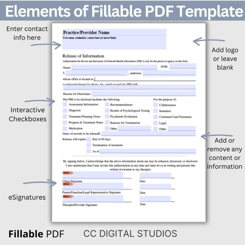 Release of Information (ROI) Form, designed specifically for mental health professionals.  Release of Information, Informed Consent, Mental Health ROI, Private Practice Paperwork, Therapy Tools, Therapy Consent Form, HIPAA Form