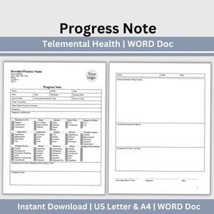 May include: A black and white printable progress note template for telemental health. The template includes sections for patient information, session details, diagnosis, treatment response, and follow-up plan. The template is designed for use with Microsoft Word.