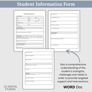 Printable and editable school counseling documentation tools in Word document bundle with structured pages for assessment questions, progress tracking, student intake and interview notes for efficient workflow.