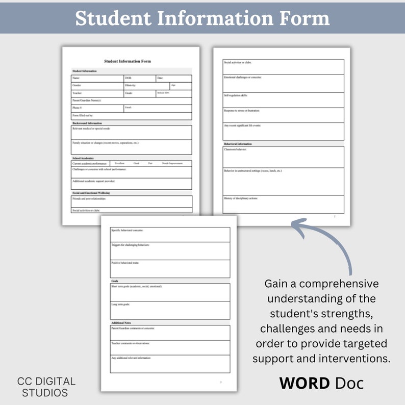 Printable and editable school counseling documentation tools in Word document bundle with structured pages for assessment questions, progress tracking, student intake and interview notes for efficient workflow.