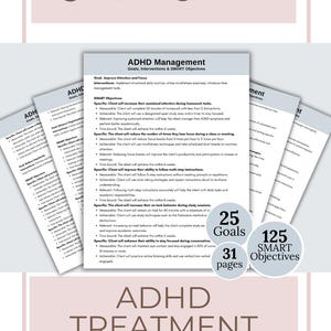 Full layout view of ADHD SMART Goals Planner digital download showing planner pages for setting objectives, therapy, executive function coaching