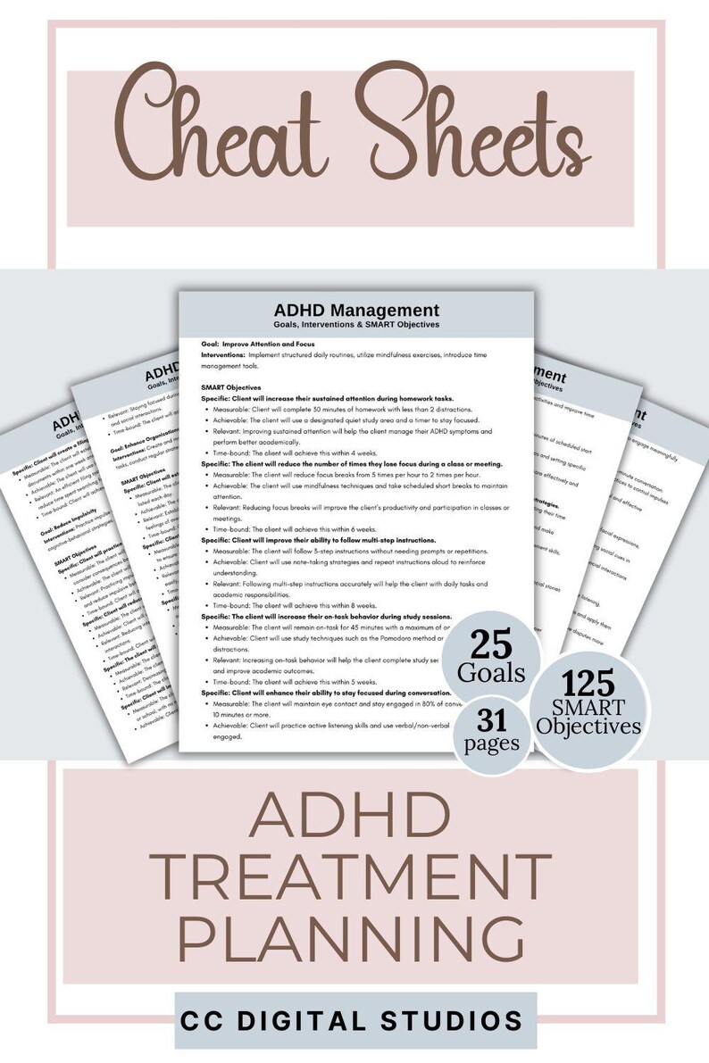 Full layout view of ADHD SMART Goals Planner digital download showing planner pages for setting objectives, therapy, executive function coaching