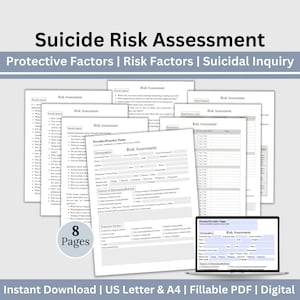 May include: A stack of eight pages of a "Suicide Risk Assessment" form, with the title at the top. The form includes sections for protective factors, risk factors, and suicidal inquiry. The bottom of the image says "Instant Download | US Letter & A4 | Fillable PDF | Digital".