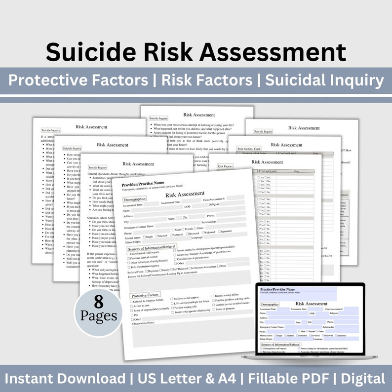 Mental Health Risk Assessment fillable PDF template. Designed for counselors and therapists, this suicide assessment tool includes essential suicide therapy questions to ask at-risk clients. Counselor risk note template