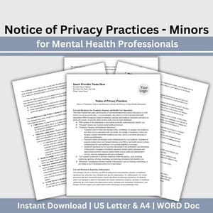 May include: A printable notice of privacy practices for mental health professionals working with minors. The document includes a section for the provider's name and address, as well as a notice of therapeutic practices and protection of health information.