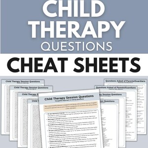 1,430 Child Therapy Questions.  Therapy cheat sheets – resource for your counseling office, school psychology, or social work practice.  Child therapy tools