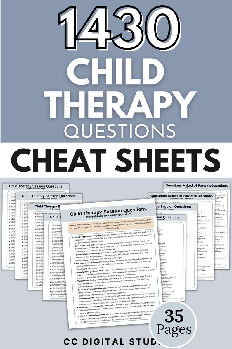 1,430 Child Therapy Questions.  Therapy cheat sheets – resource for your counseling office, school psychology, or social work practice.  Child therapy tools