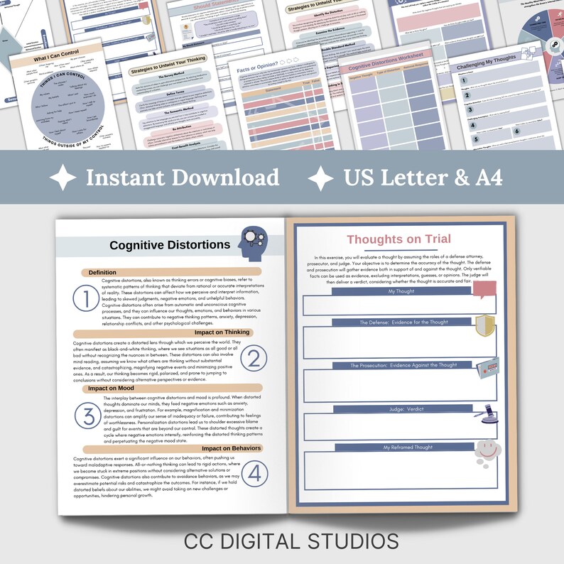 cognitive distortion therapy worksheets are designed to help you gain insight into and challenge your thinking patterns.  Crafted to guide you through the process of identifying and addressing specific cognitive distortions