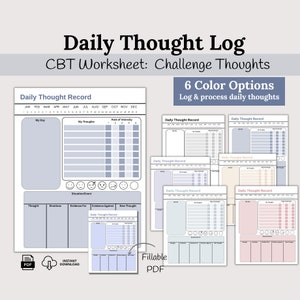 Daily Thought Log, Thought Challenging Worksheet, Cognitive Distortions, Thought Processing Worksheet, CBT Therapy, DBT, Unhelpful Thinking