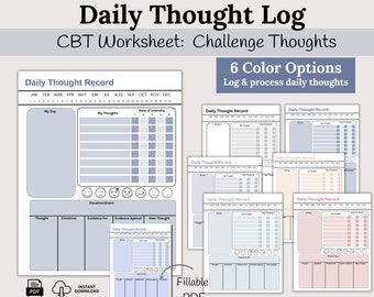 Daily Thought Log: CBT Worksheet, Thought Challenging (Fillable PDF)
