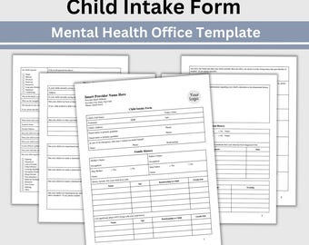 Puede incluir: Un formulario de admisión de niños en blanco y negro imprimible para una oficina de salud mental. El formulario incluye secciones para la información del niño, la historia familiar y una sección para que el proveedor complete su información.