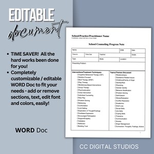 Flat lay of school counseling assessment and documentation forms including student intake, psychologist progress note, referral form and student interview printable template for educational settings.