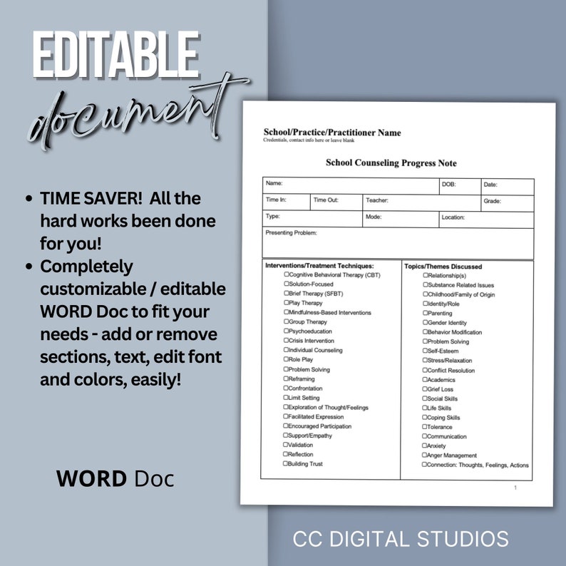 Flat lay of school counseling assessment and documentation forms including student intake, psychologist progress note, referral form and student interview printable template for educational settings.