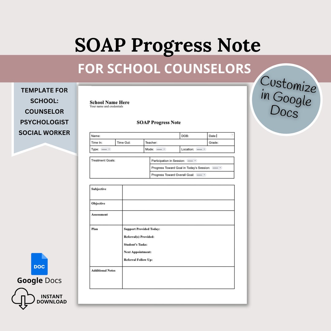 SOAP Progress Note for School Counselors, Editable Google Doc, School