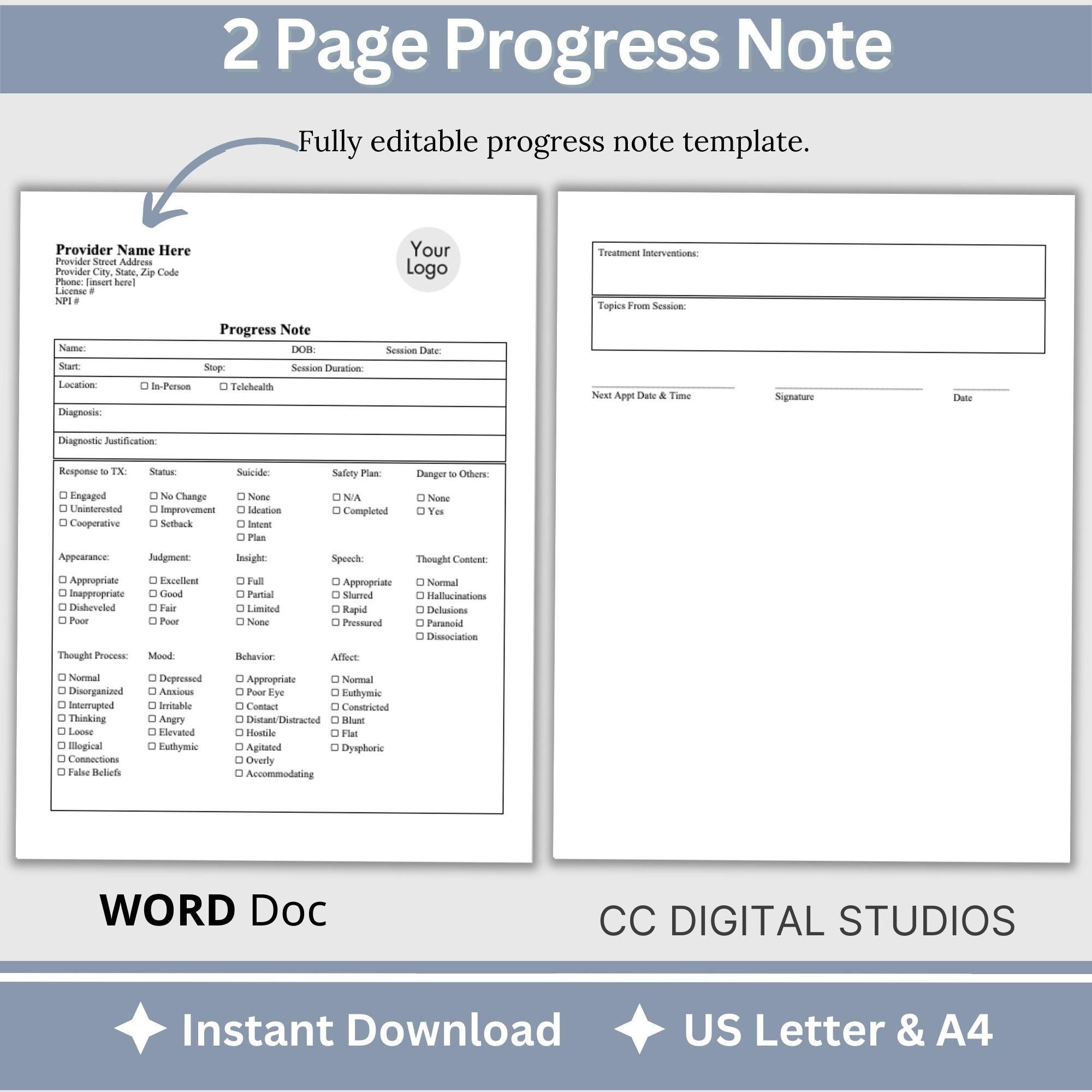 Therapy Progress Note Template: Counseling Psychology Resource (WORD ...
