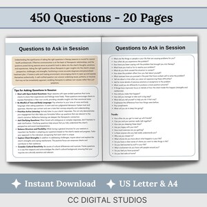 450 Questions and Tips Session Guide for mental health therapists. This therapy cheat sheet is designed to elevate your psychotherapy practice, featuring open-ended questions, crisis questions, and suicide assessment prompts.
