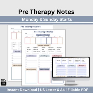 May include: Printable pre-therapy notes planner with sections for tracking anxiety, depression, energy loss, insomnia, panic attacks, nightmares, and more. The planner also includes sections for tracking goals, good things, and bad things. The planner is designed for use on Monday and Sunday starts.