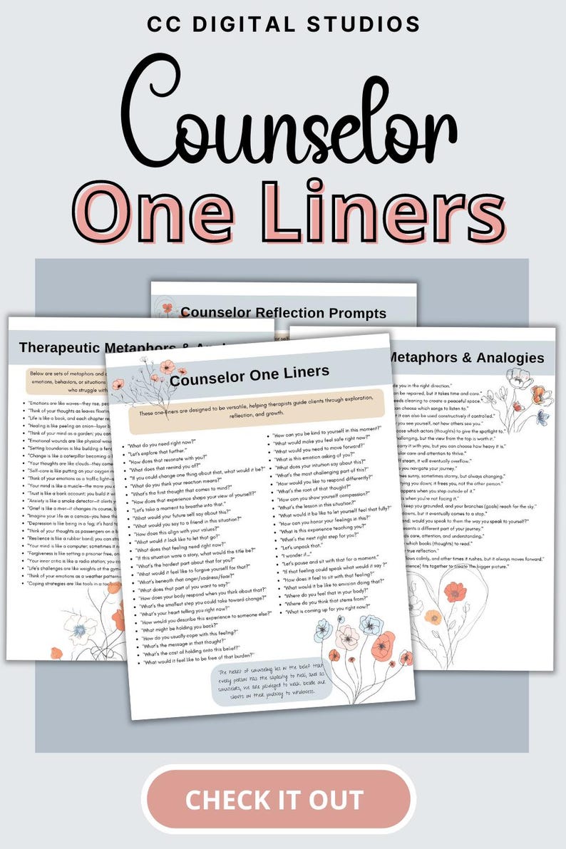 Therapist One-Liners, Reflection Prompts, and Metaphors cheat sheet.Therapist One Liners Mental Health Cheat Sheets, Counseling Tools, Reflection Prompts, Therapy Prompts, Therapy Phrases, Therapy Questions