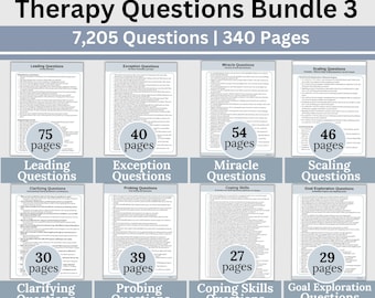 May include: A digital download of 340 pages of therapy questions, organized into 8 categories: Leading, Exception, Miracle, Scaling, Clarifying, Probing, Coping Skills, and Goal Exploration. The document contains 7,205 questions in total.