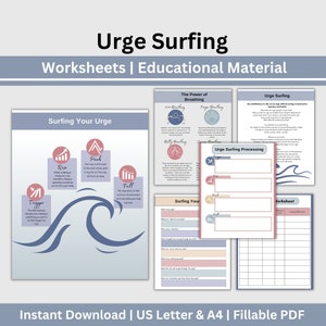 Urge Surfing CBT Worksheets: Addiction Recovery & Relapse Prevention (Printable/Fillable)