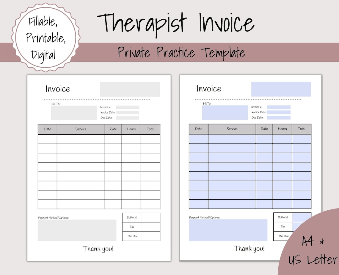 Invoice Template For Therapists Fillable Invoice For Private Etsy