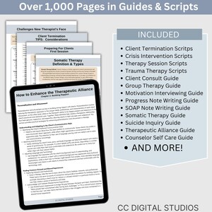 Therapy tools bundle preview highlighting psychoeducation resource sheets and therapist prompt guides for mental health counselors printed on professional dermatone