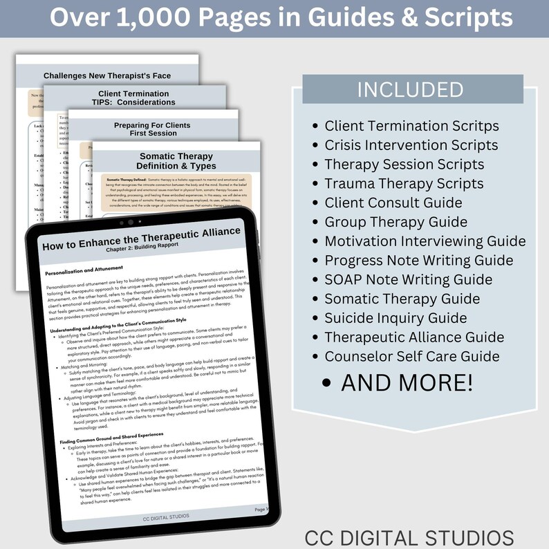 Therapy tools bundle preview highlighting psychoeducation resource sheets and therapist prompt guides for mental health counselors printed on professional dermatone