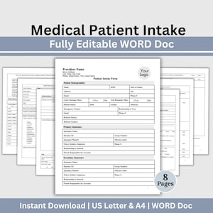 Op de afbeelding: Een stapel witte medische intakeformulieren voor patiënten met zwarte tekst. De formulieren bevatten secties voor patiëntdemografie, verzekeringsinformatie en medische geschiedenis. De tekst "Medical Patient Intake" staat bovenaan.