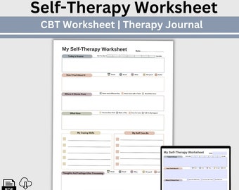 Może przedstawiać: Drukowalna karta pracy z autoterapii z jasnoniebieskim tłem i szarymi i brązowymi akcentami. Karta pracy nosi tytuł "My Self-Therapy Worksheet" i zawiera sekcje: "Today's Drama", "How I Feel About It", "Where It Stems From", "What Now", "My Coping Skills", "My Self Care Rx" oraz "Thoughts and Feelings After Processing".