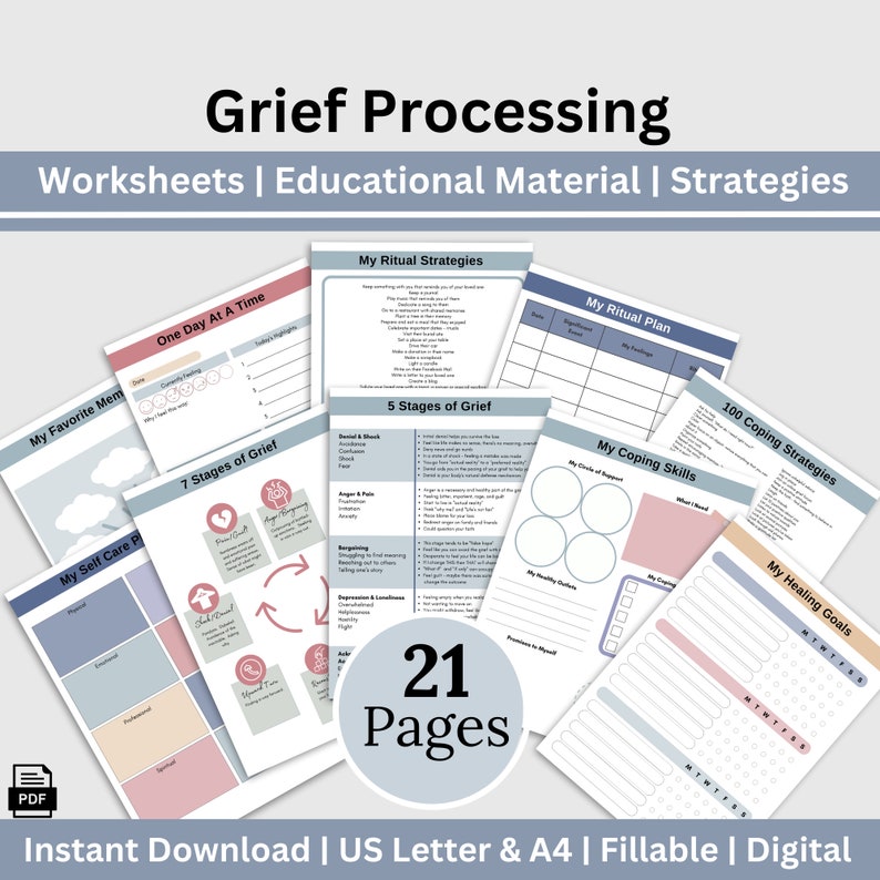 Grief Journal & Coping Skills Worksheets: Therapy Workbook (fillable ...