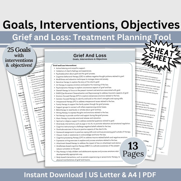 Grief Therapy Treatment Plan Cheat Sheet, Therapy Tool Measurable Goals Objectives and Interventions, Treatment Planning, Psychology