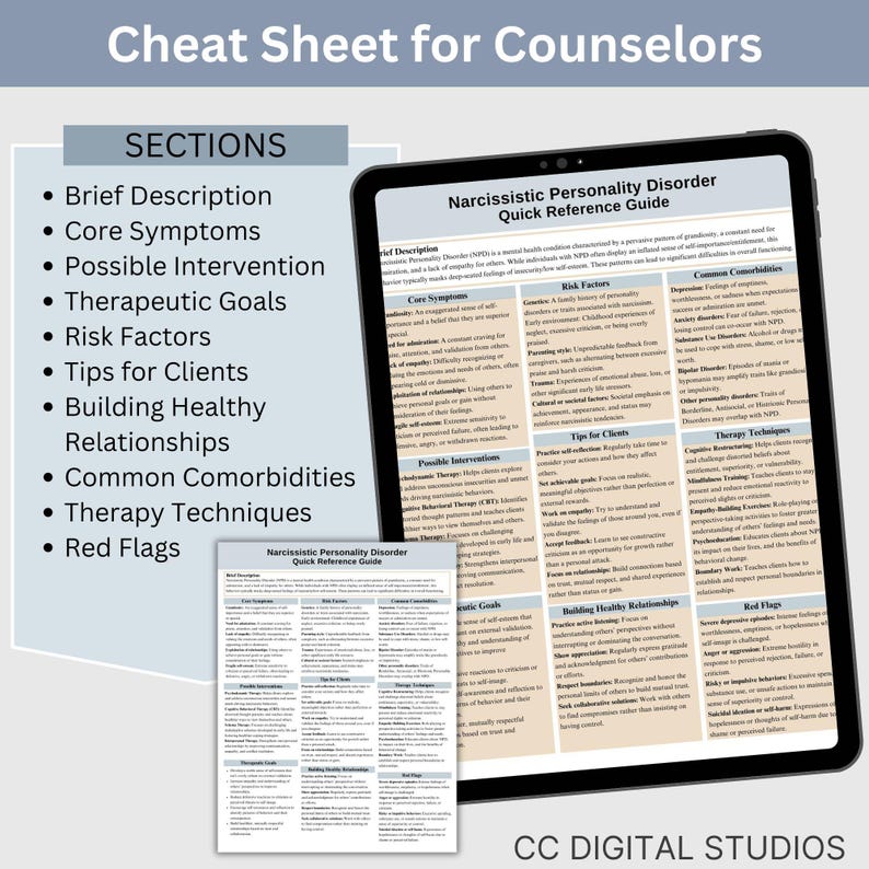 Narcissistic Personality Disorder Therapy Cheat Sheet, 2 IN 1 Psychoeducation for Client and Cheat Sheet for Counselors, Counseling Resource