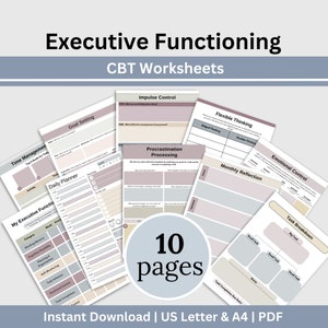May include: A set of 10 printable worksheets designed to help improve executive functioning skills. The worksheets are in a light blue and gray color scheme with a pink and white design. The worksheets include titles such as "Goal Setting", "Impulse Control", "Procrastination Processing", "Flexible Thinking", "Emotional Control", "Time Management", "Daily Planner", "My Executive Functioning", "Monthly Reflection", and "Task Breakdown".
