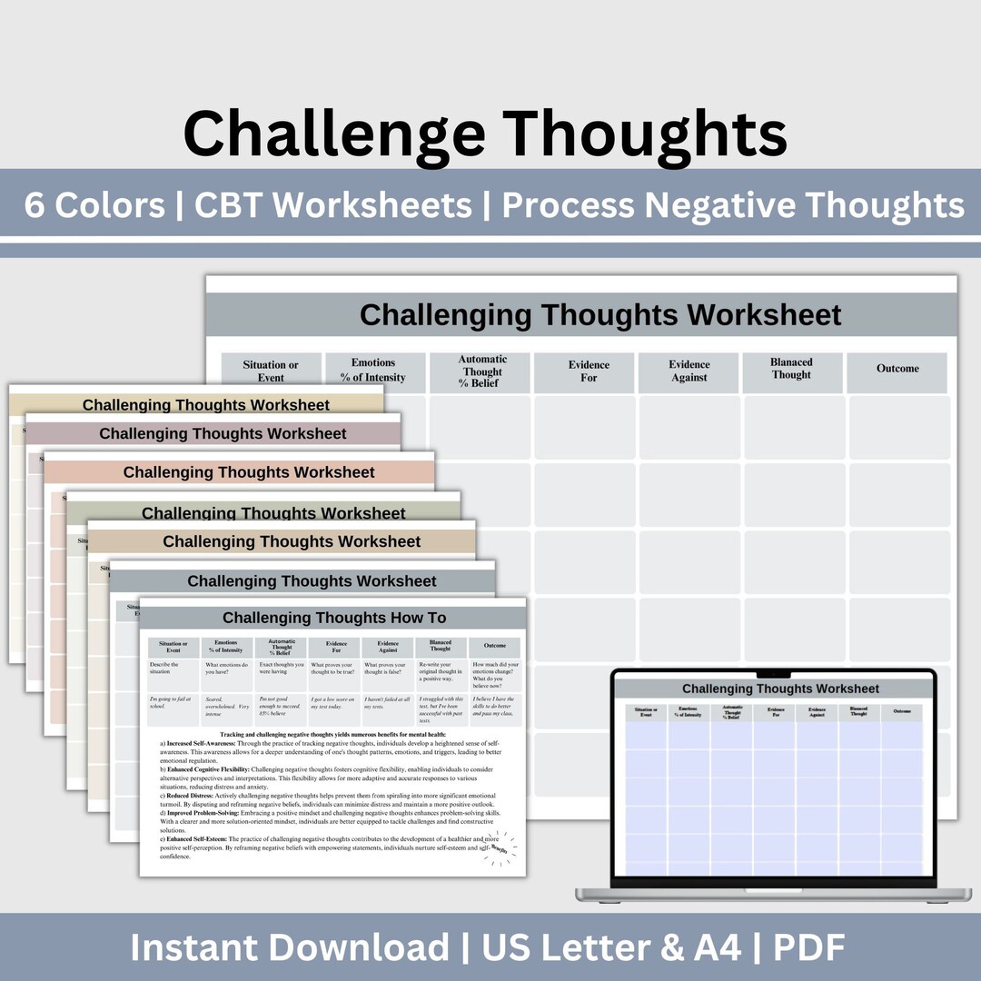 CBT Therapy Worksheets Challenge Negative Thoughts, Cognitive ...