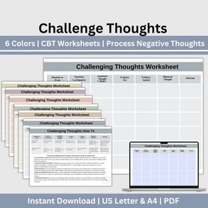 CBT Therapy Worksheets Challenge Negative Thoughts, Cognitive Distortions, Thought Journal, Unhelpful Thinking, CBT, DBT Therapy Resource