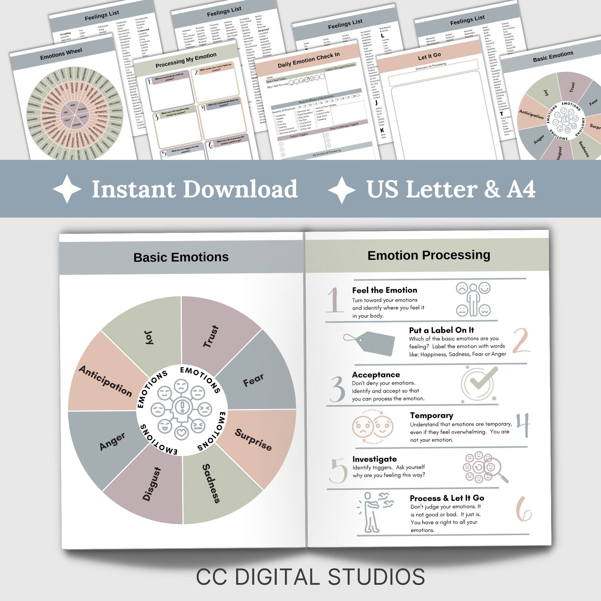 Emotion Processing Worksheets: Feelings Wheel, Therapy Journal (digital ...
