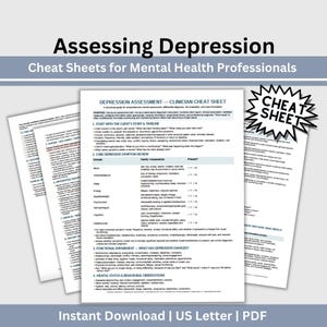 Può includere: Un set di documenti cartacei bianchi intitolati Depression Assessment Clinician Cheat Sheet, contenenti linee guida cliniche strutturate, tabelle di revisione dei sintomi e osservazioni comportamentali, con un grafico a stella in bianco e nero.