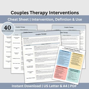 Peut inclure: Plusieurs feuilles de triche imprimables pour la thérapie de couple. Les feuilles comprennent des informations sur les interventions, les définitions et les utilisations. Le titre "Couples Therapy Interventions" est en haut. Le texte "Instant Download | US Letter & A4 | PDF" est également inclus.