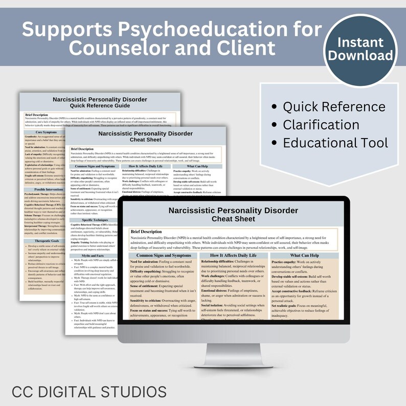 Narcissistic Personality Disorder Therapy Cheat Sheet, 2 IN 1 Psychoeducation for Client and Cheat Sheet for Counselors, Counseling Resource